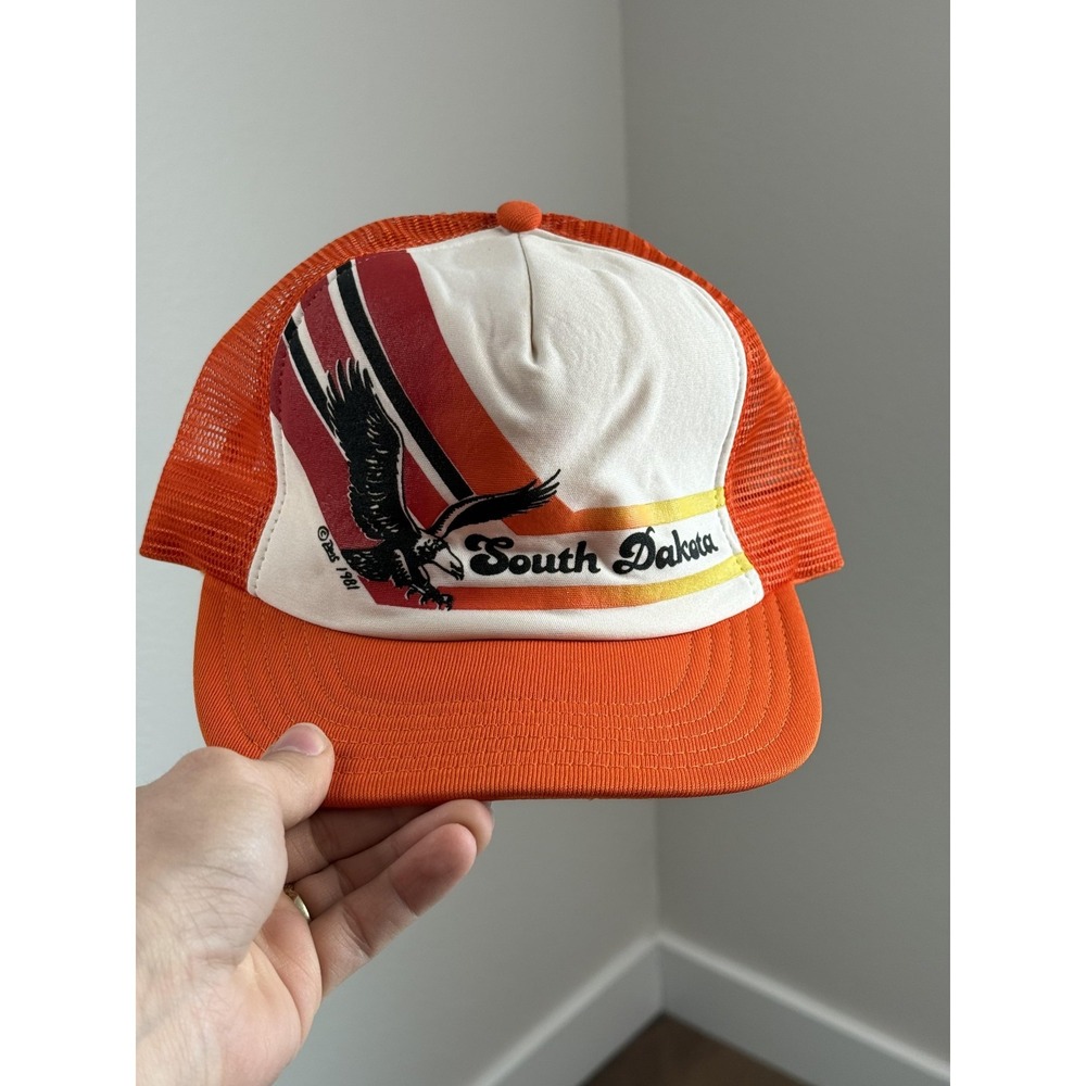 Vintage South Dakota Hatโ Cap Snap Back Mens One Size Orange Trucker Eagle 80s
